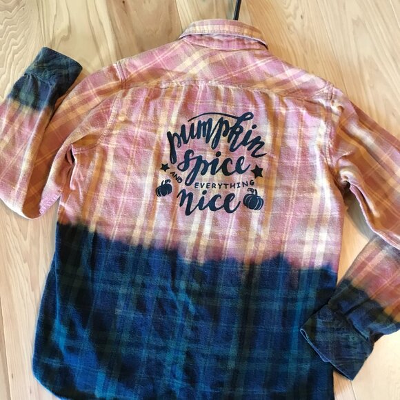 Bleached Flannel Autumn Shirt, Size Medium: Upcycled, Painted Pumpkin Spice - Picture 8 of 12